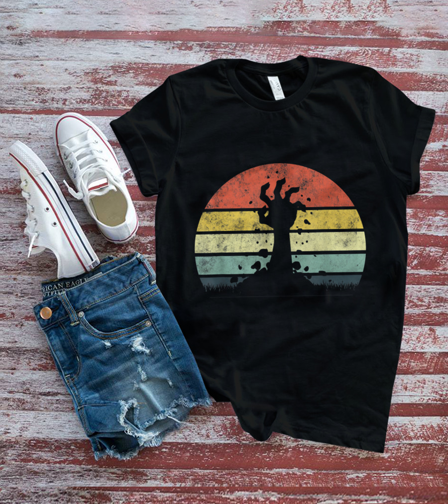 Vintage Retro Scary Zombie Hand Rising In Striped Sunset Background T-Shirt