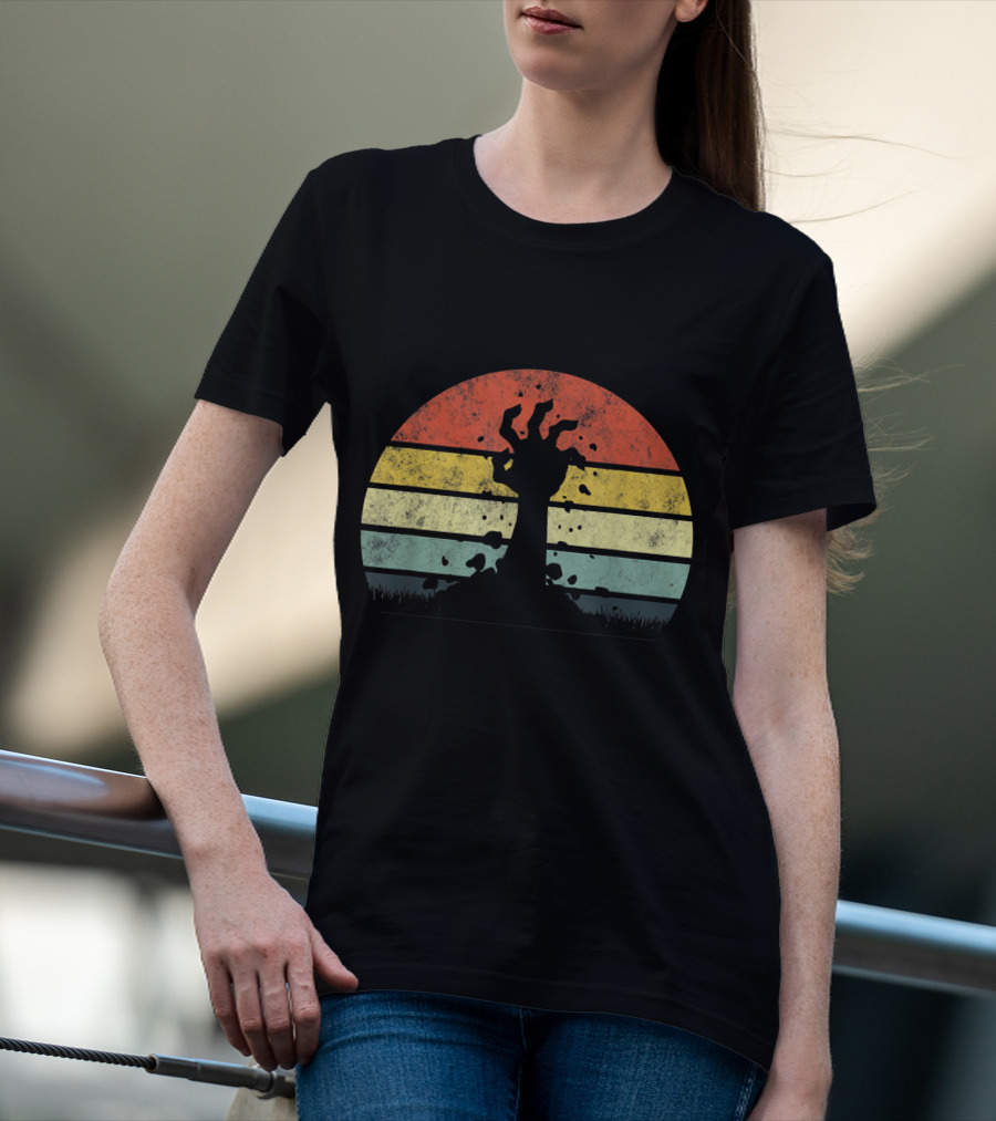 Vintage Retro Scary Zombie Hand Rising In Striped Sunset Background T-Shirt