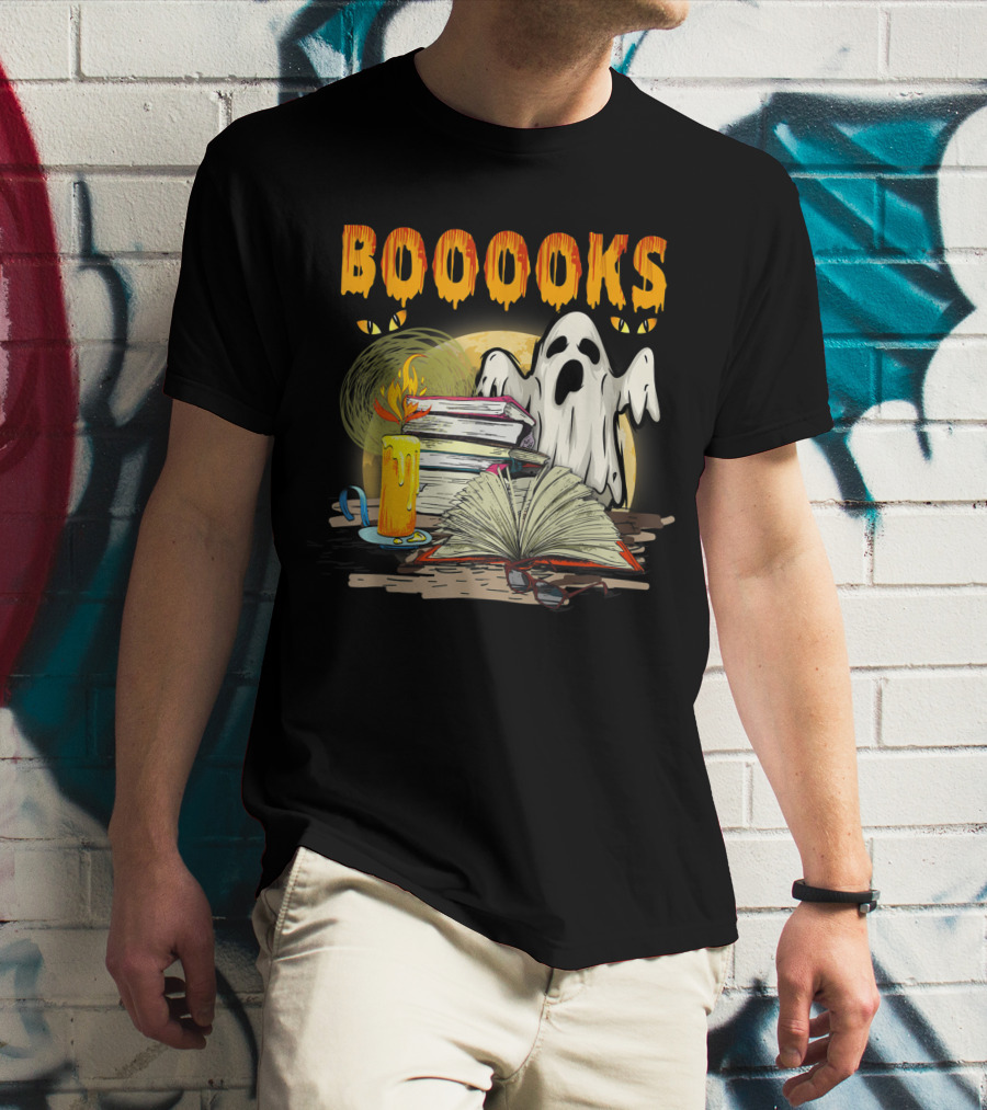 BOOOOKS Cute Ghost With Candles And Stacks Of Books T-Shirt