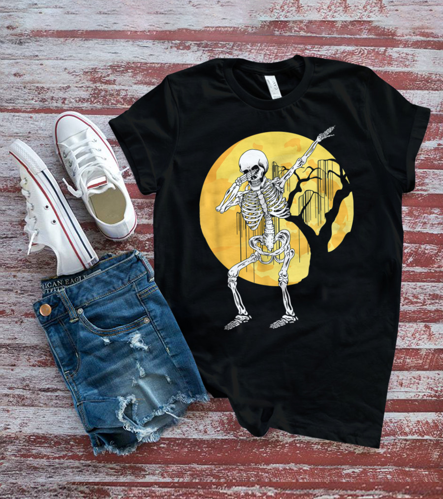 Dabbing Skeleton In Front Of Yellow Moon With Tree T-Shirt