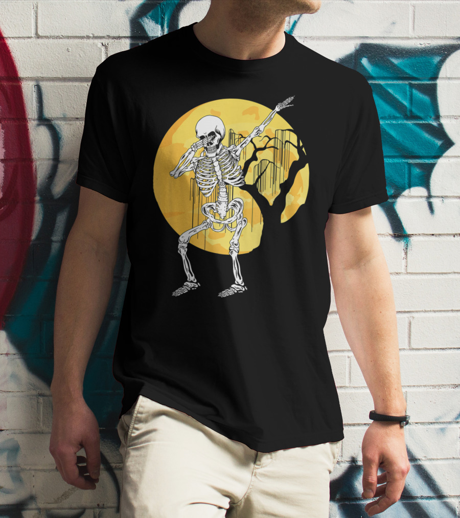 Dabbing Skeleton In Front Of Yellow Moon With Tree T-Shirt