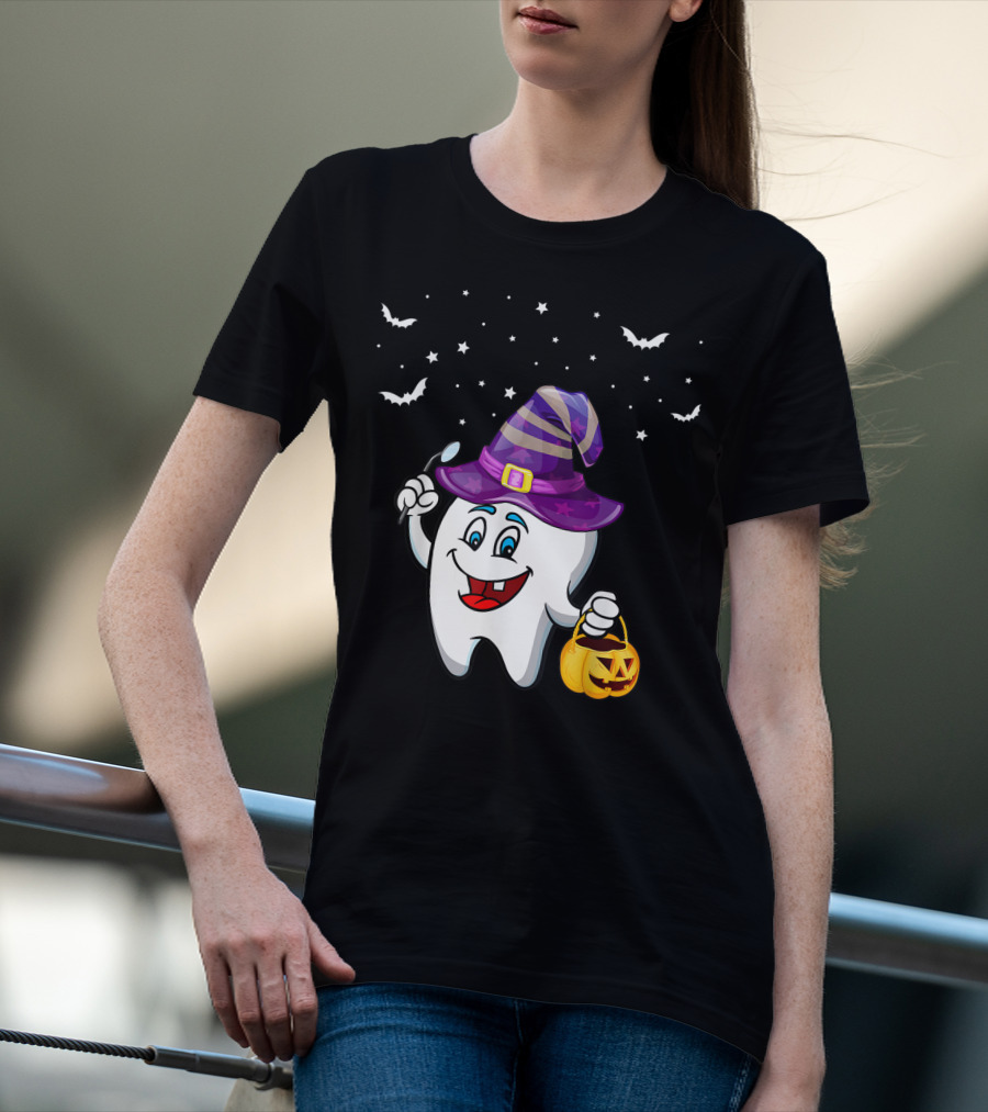 Dentist Halloween Tooth Witch Hat Pumpkin Dental Hygienist Dental Assistant T-Shirt