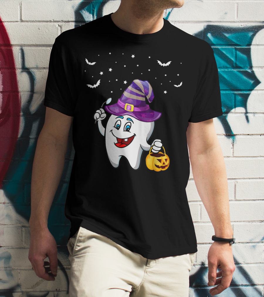 Dentist Halloween Tooth Witch Hat Pumpkin Dental Hygienist Dental Assistant T-Shirt