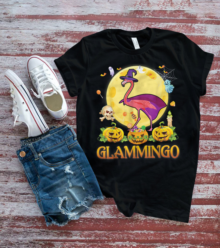Glammingo Witch Flamingo Halloween Pumpkin Moon Ghosts Skulls Candy T-Shirt