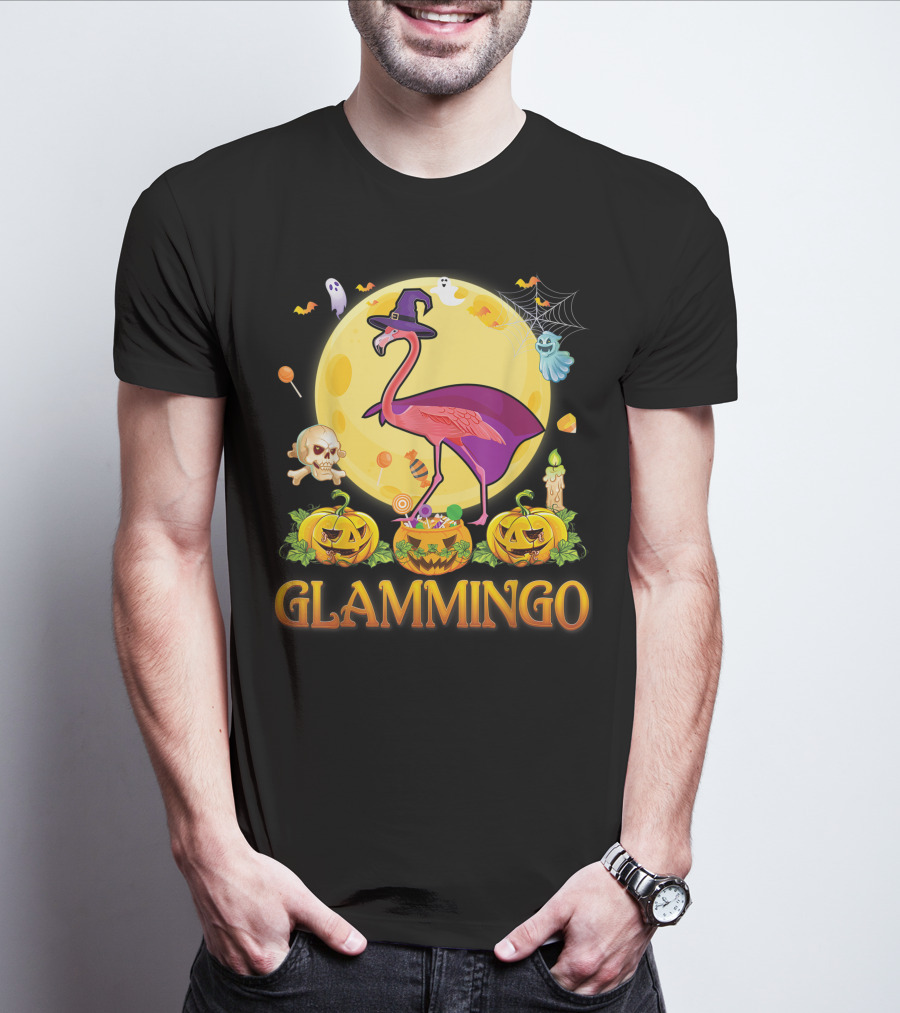 Glammingo Witch Flamingo Halloween Pumpkin Moon Ghosts Skulls Candy T-Shirt