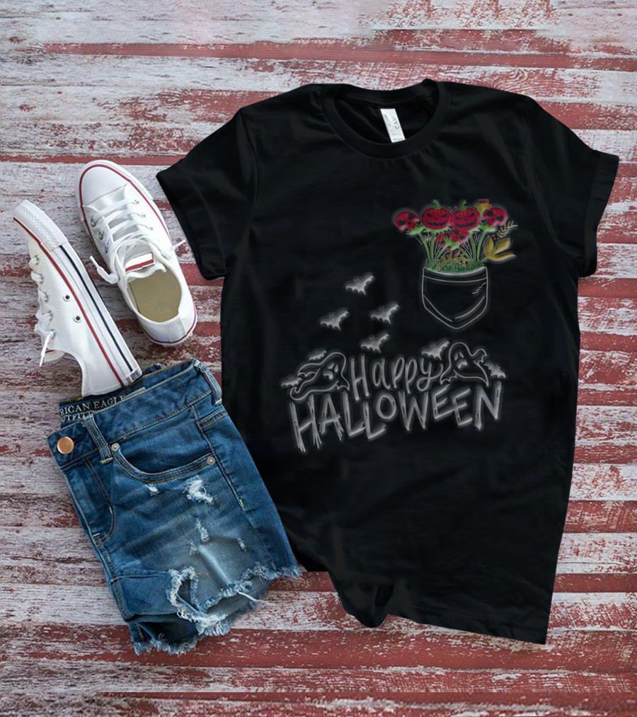 Happy Halloween Spooky Ghost Bat Pumpkin Flower Pocket T-Shirt