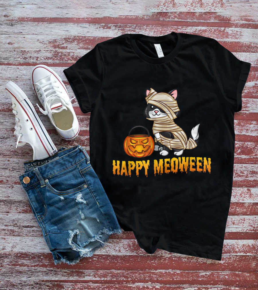 Happy Meoween Cute Cat Mummy With Pumpkin T-Shirt