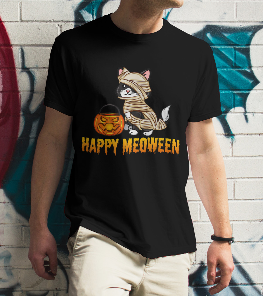 Happy Meoween Cute Cat Mummy With Pumpkin T-Shirt