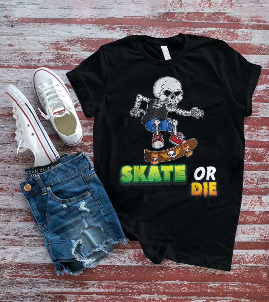 Skate Or Die Skeleton Skating Skull On Skateboard T-Shirt