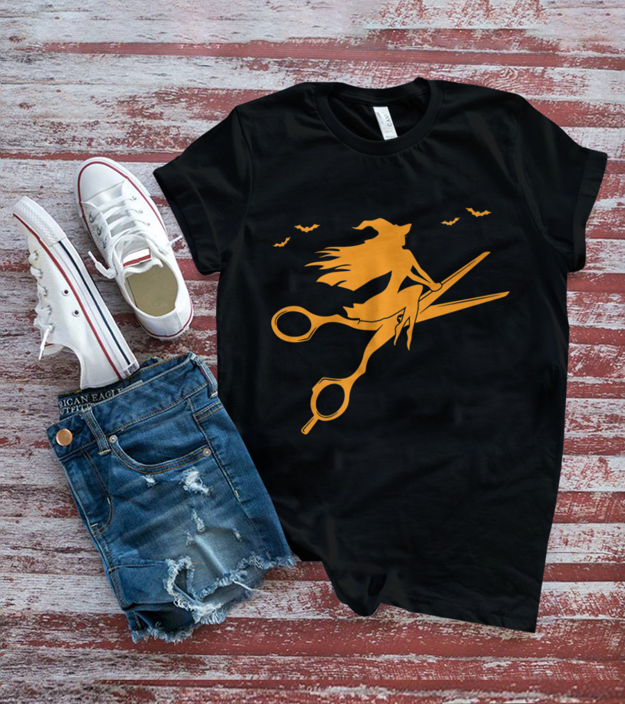 Witch On Scissors Broom With Bats Hair Stylist T-Shirt
