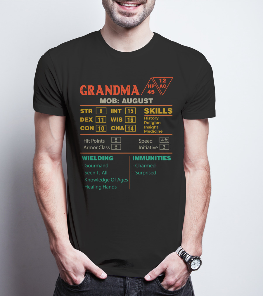 Grandma RPG Stats Character Sheet MOB August STR DEX CON INT WIS CHA Skills Immunities Wielding T-Shirt