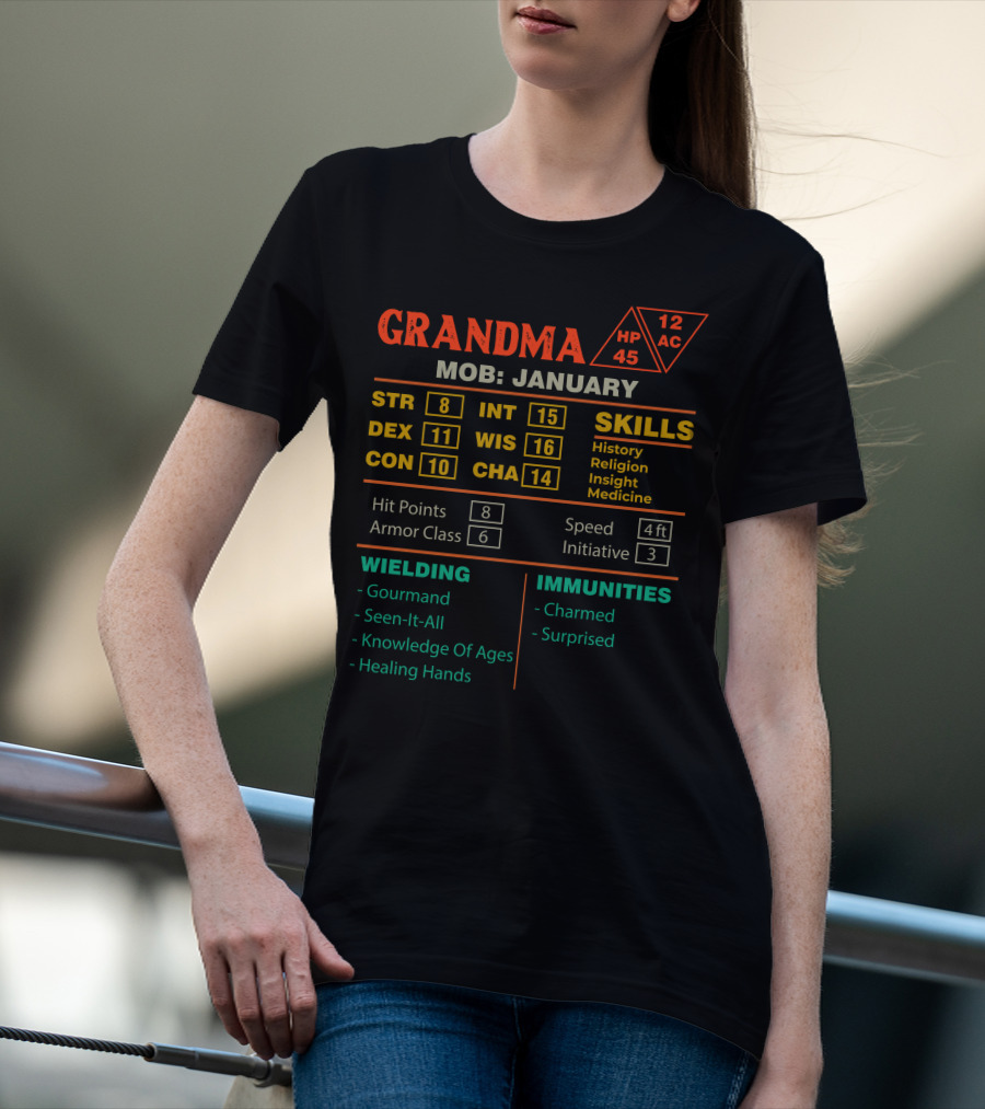 Grandma Stats Character Sheet Mob January Skills Wielding Immunities T-Shirt