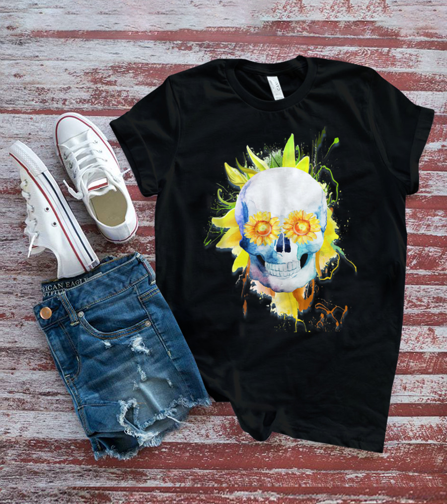 Dia De Los Muertos Halloween Sunflower Skull With Colorful Explosion Background T-Shirt