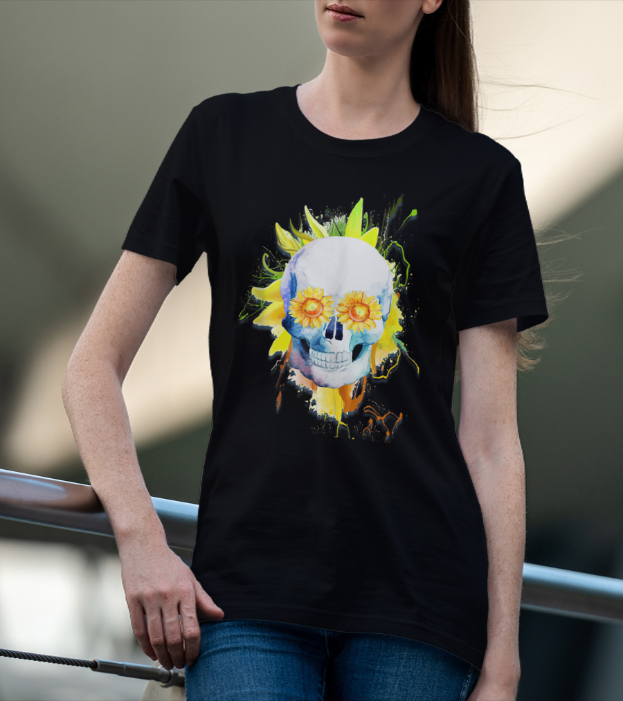 Dia De Los Muertos Halloween Sunflower Skull With Colorful Explosion Background T-Shirt
