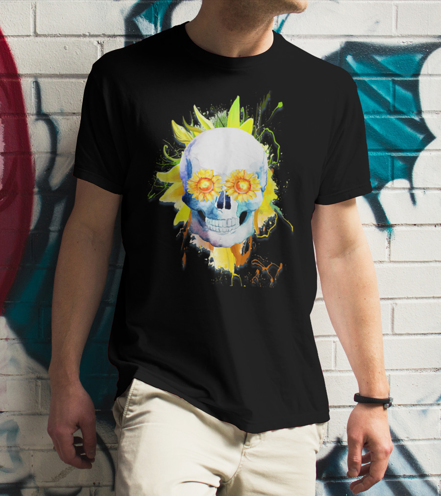 Dia De Los Muertos Halloween Sunflower Skull With Colorful Explosion Background T-Shirt