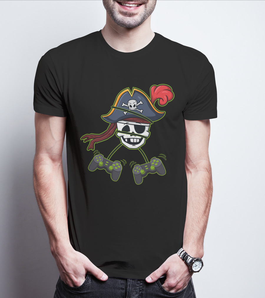 Halloween Pirate Skeleton Video Gamer Controllers Playful Skull Hat T-Shirt
