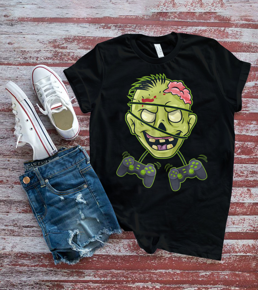Halloween Zombie Gamer Controller Head With Split Expression T-Shirt