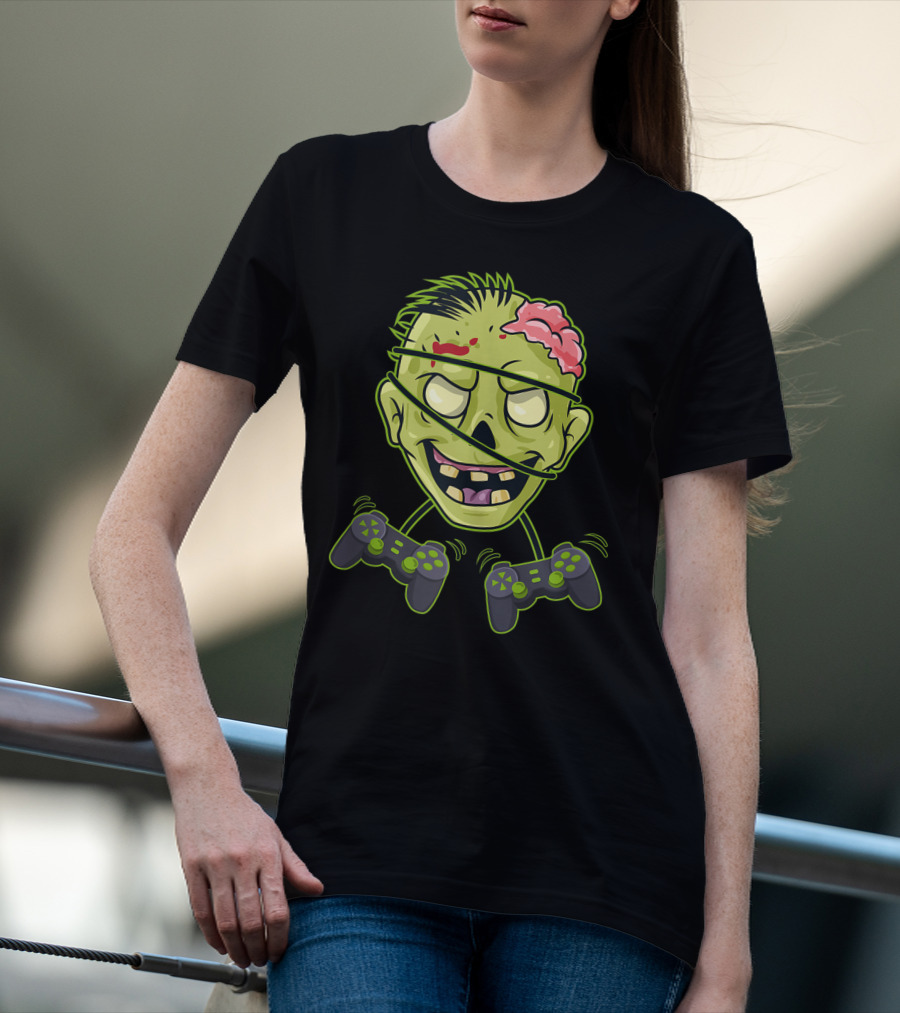 Halloween Zombie Gamer Controller Head With Split Expression T-Shirt
