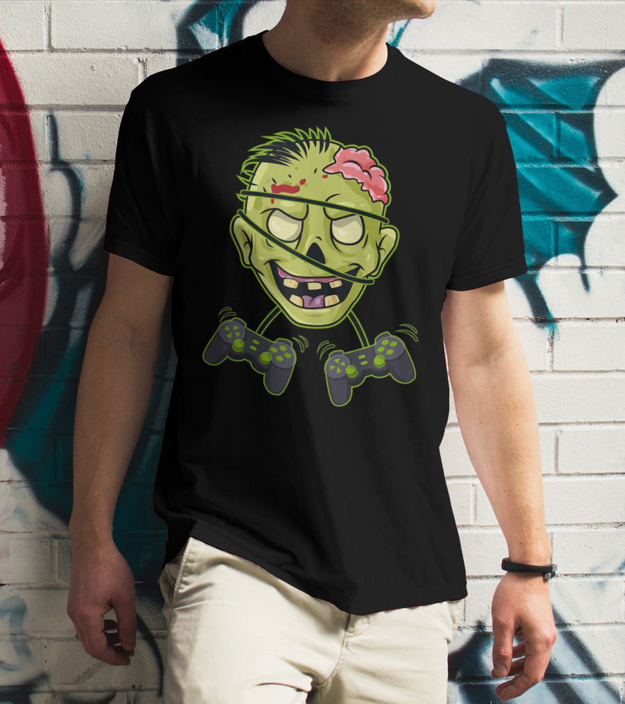 Halloween Zombie Gamer Controller Head With Split Expression T-Shirt