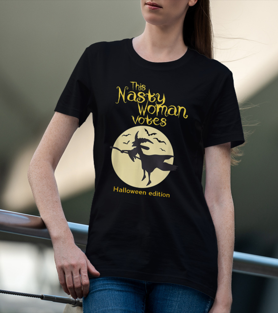 This Nasty Woman Votes Halloween Edition Feminism Witch And Bats Moon T-Shirt