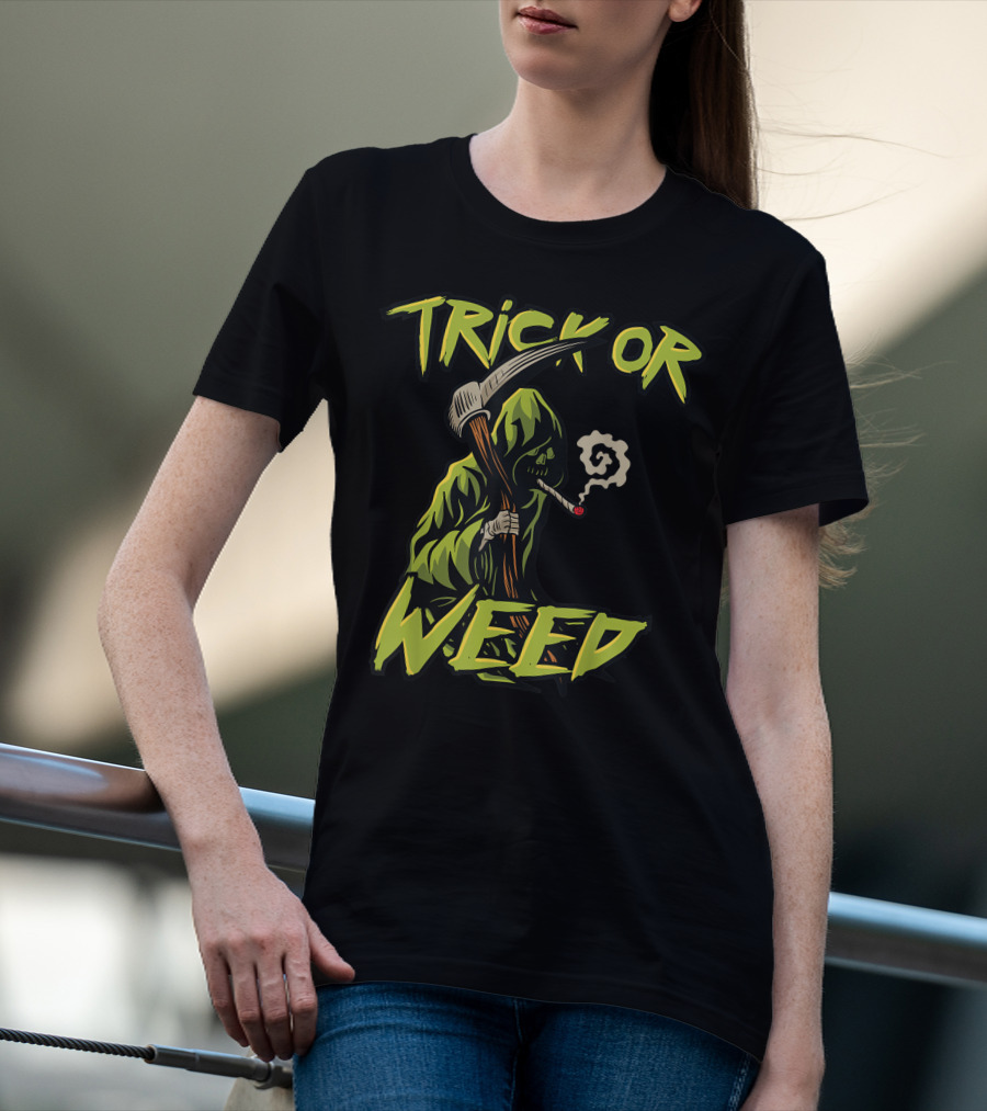 Trick Or Weed Grim Reaper Smoking Cannabis Joint T-Shirt