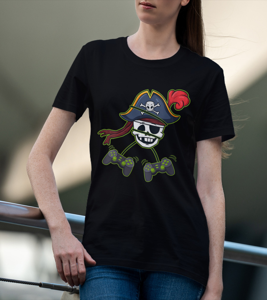 Halloween Pirate Skeleton Gamer With Controller Hat And Crossbones T-Shirt