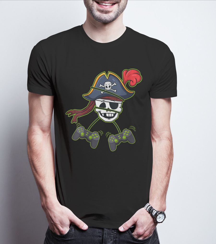 Halloween Pirate Skeleton Gamer With Controller Hat And Crossbones T-Shirt