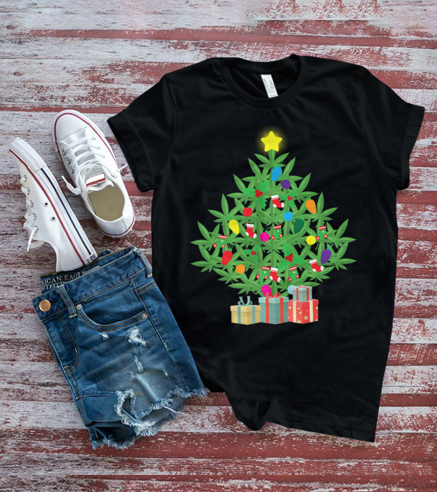 Cannabis Leaf Christmas Tree With Star And Colorful Holiday Lights T-Shirt