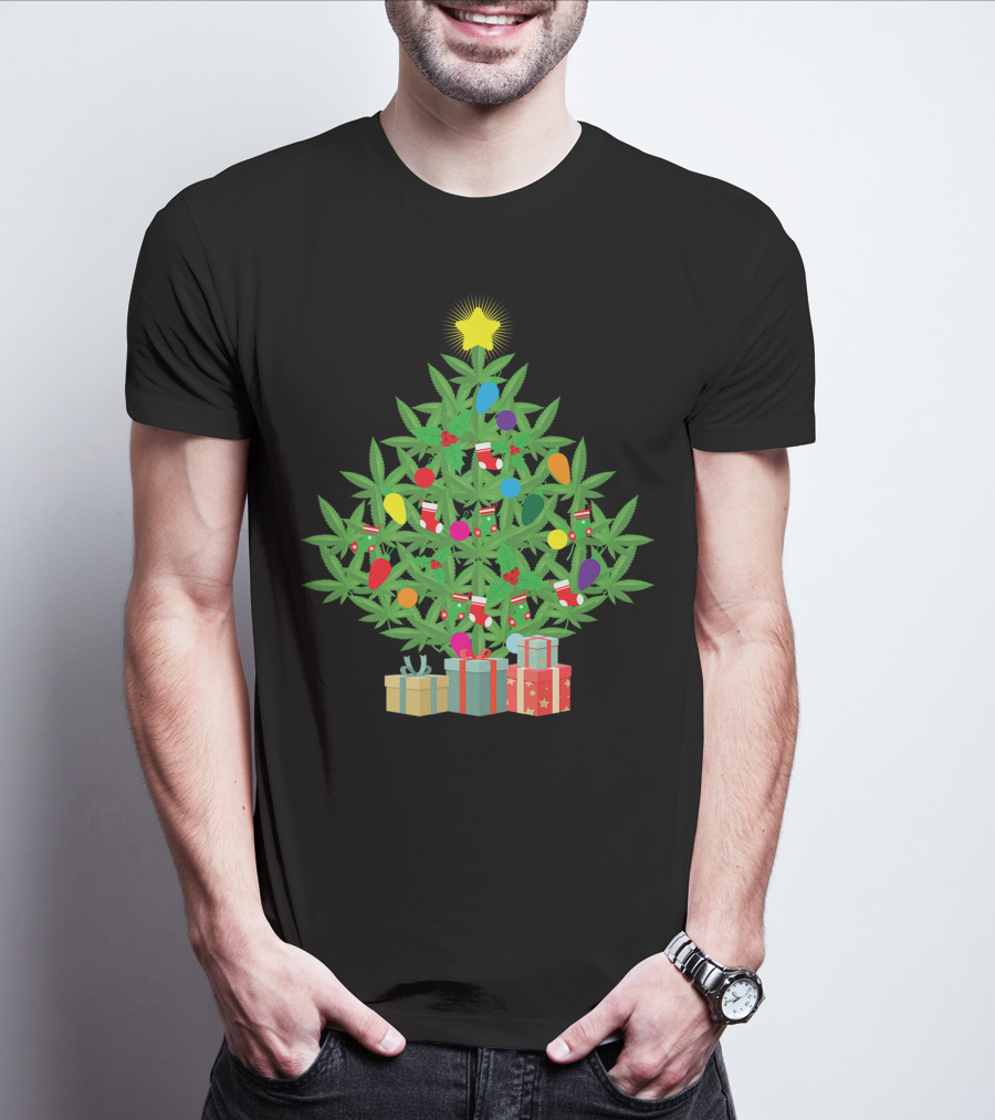 Cannabis Leaf Christmas Tree With Star And Colorful Holiday Lights T-Shirt