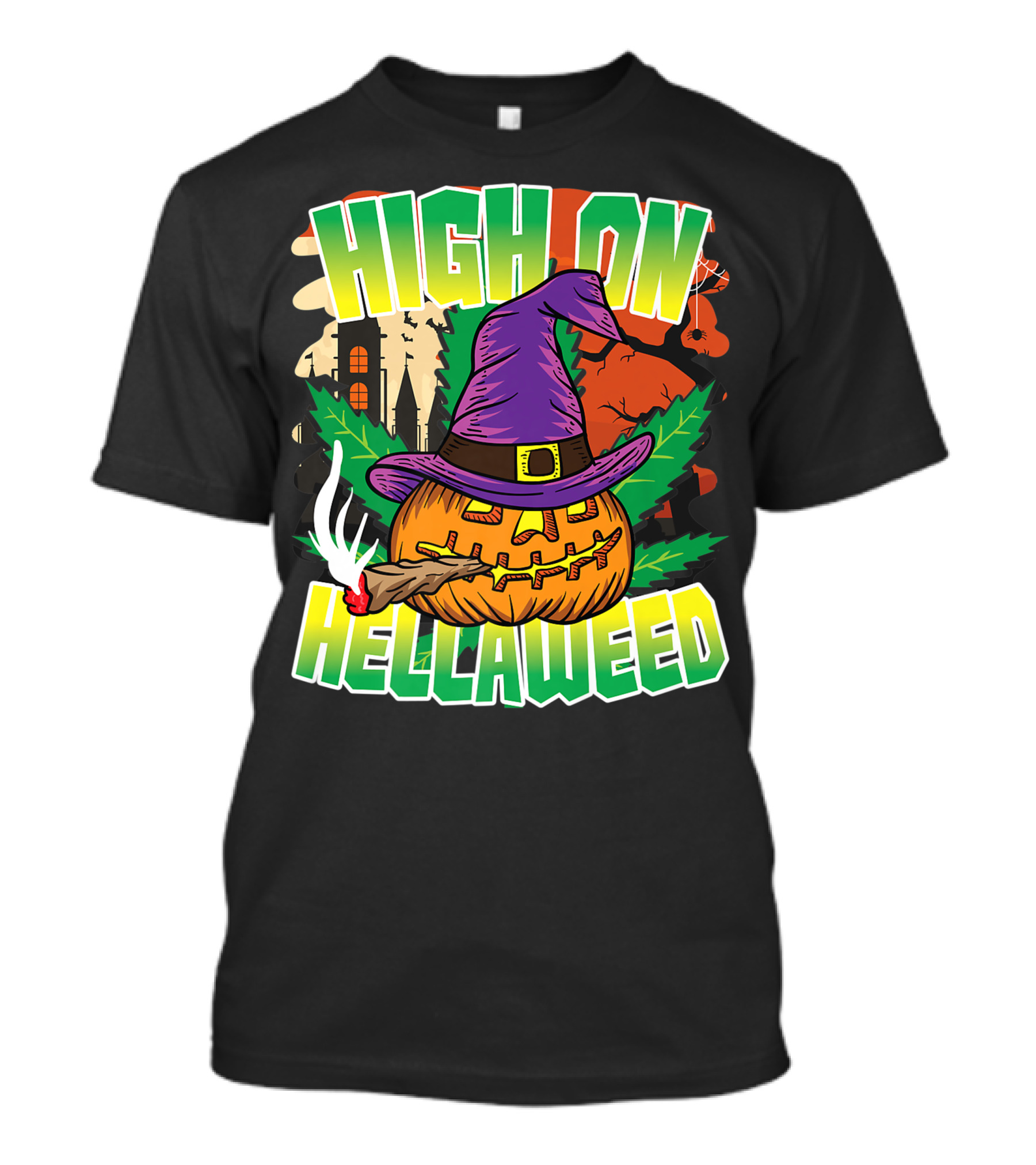 High On Hellaweed Pumpkin Smoking Weed THC Halloween Stoner T-Shirt