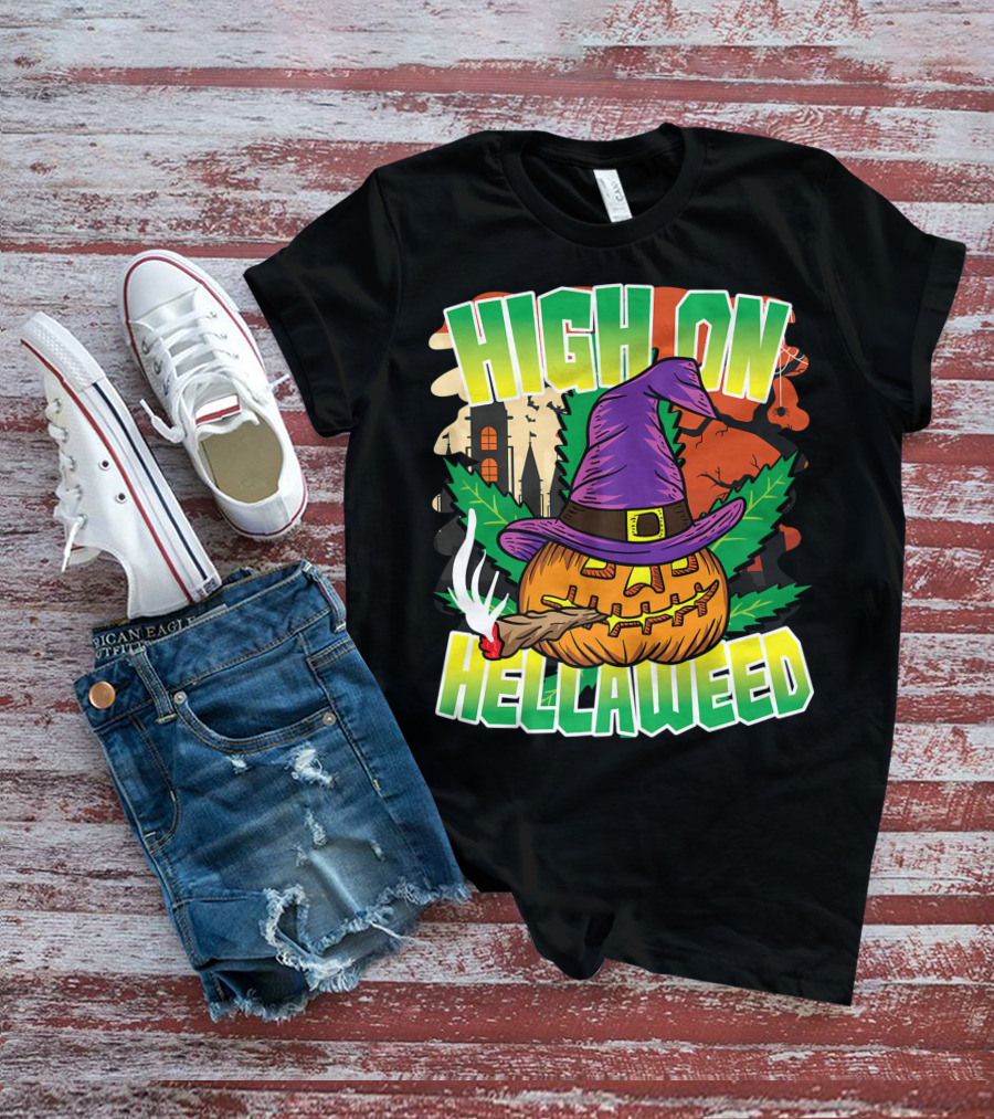 High On Hellaweed Pumpkin Smoking Weed THC Halloween Stoner T-Shirt