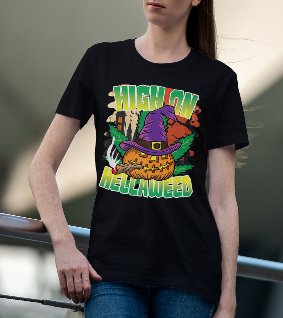 High On Hellaweed Pumpkin Smoking Weed THC Halloween Stoner T-Shirt