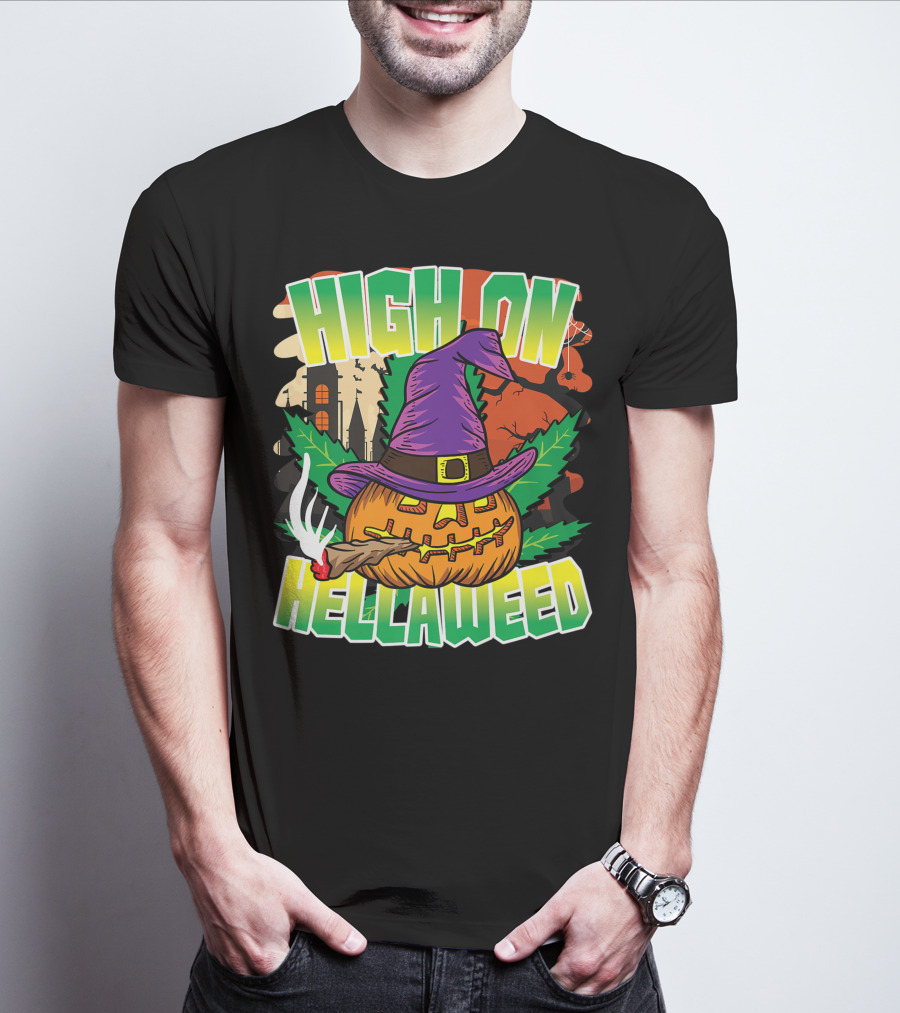 High On Hellaweed Pumpkin Smoking Weed THC Halloween Stoner T-Shirt