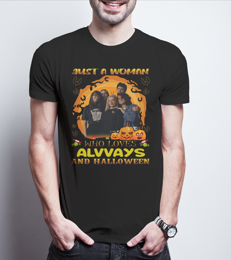 Just A Woman Who Loves Alvvays And Halloween Pumpkins Bats Candy T-Shirt