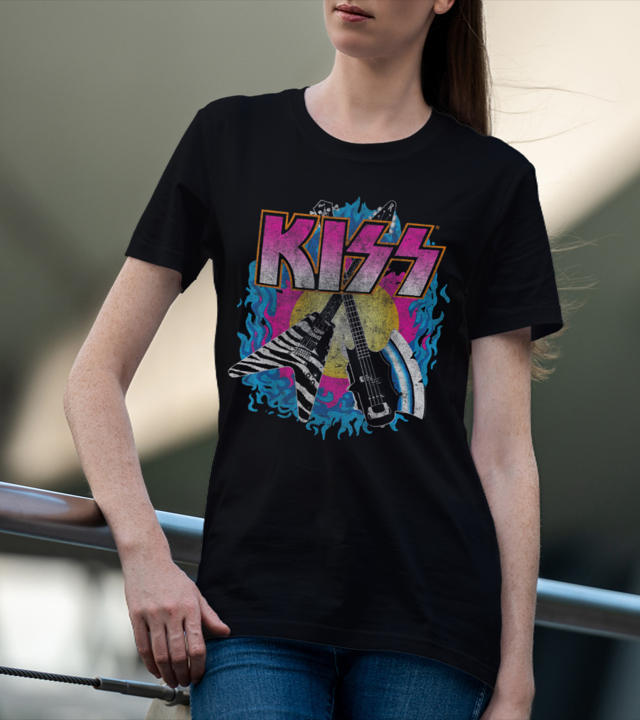 KISS Young Wasted Zebra Stripe Flying V And Bass With Flaming Background T-Shirt