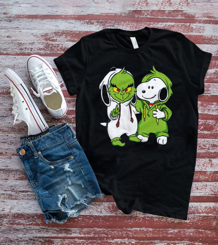 Grinch And Snoopy Christmas Crossover Characters In Festive Hoodies T-Shirt