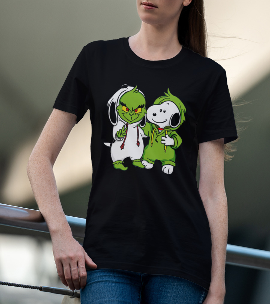 Grinch And Snoopy Christmas Crossover Characters In Festive Hoodies T-Shirt