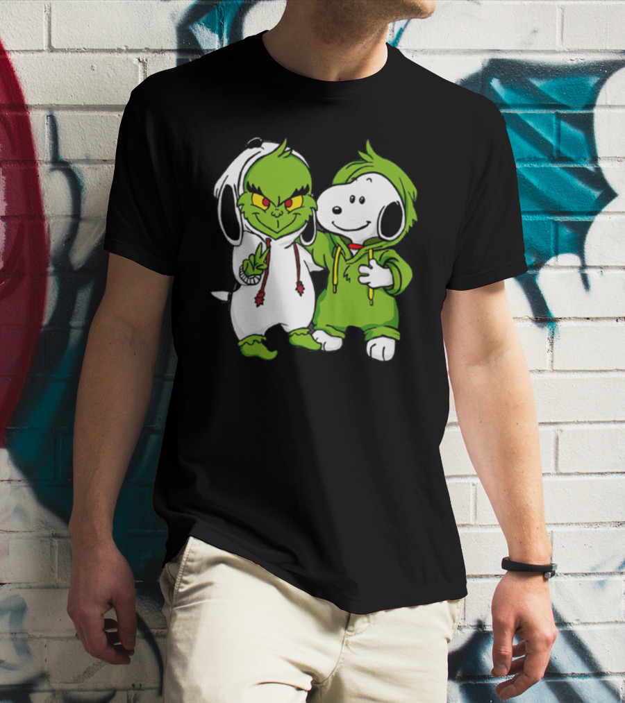 Grinch And Snoopy Christmas Crossover Characters In Festive Hoodies T-Shirt