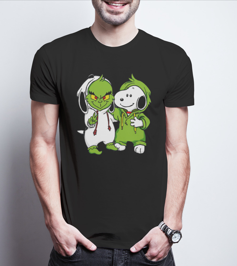 Grinch And Snoopy Christmas Crossover Characters In Festive Hoodies T-Shirt