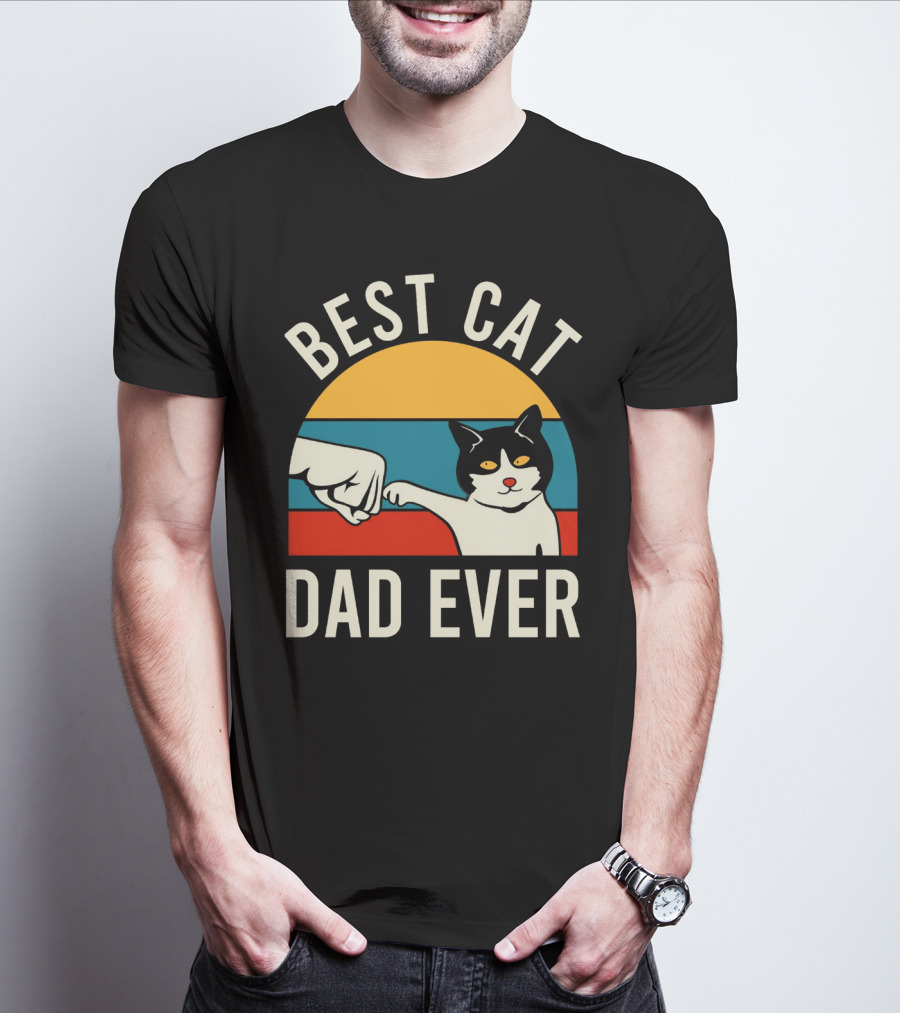 Best Cat Dad Ever Vintage Retro Cat Fist Bump Sunburst T-Shirt