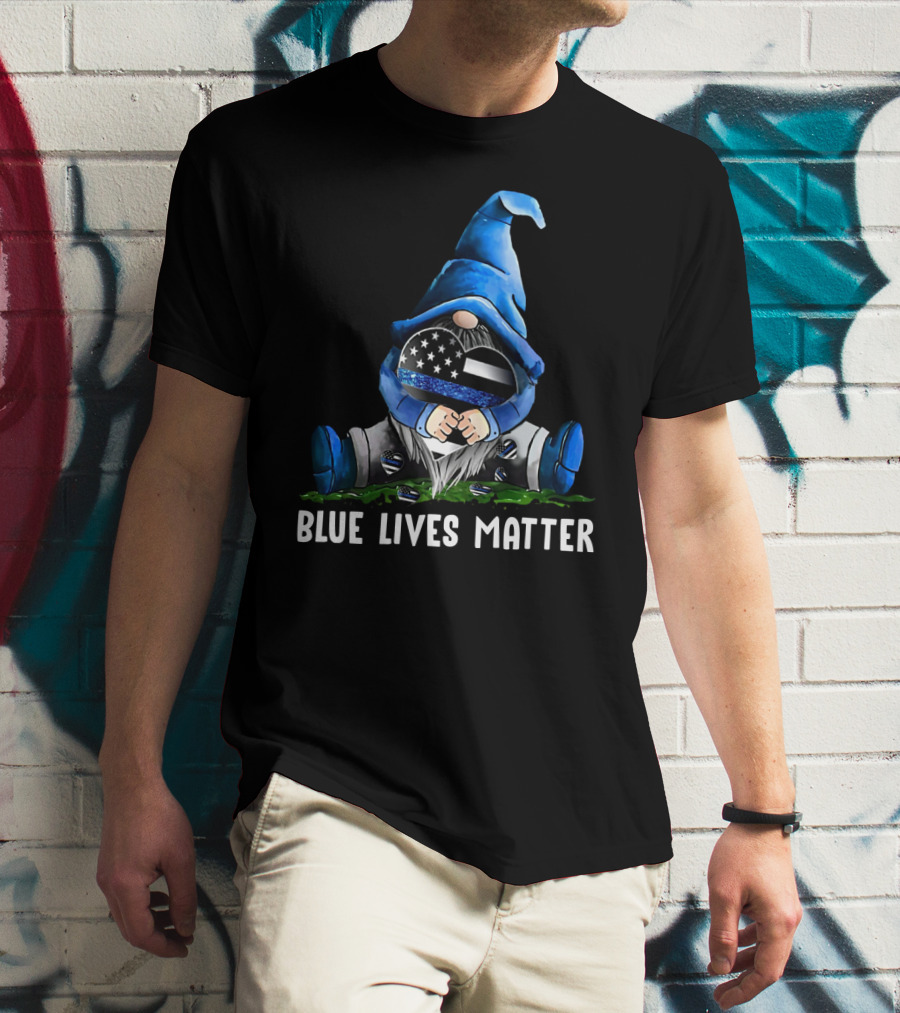 Blue Lives Matter Gnome Holding Thin Blue Line Flag T-Shirt