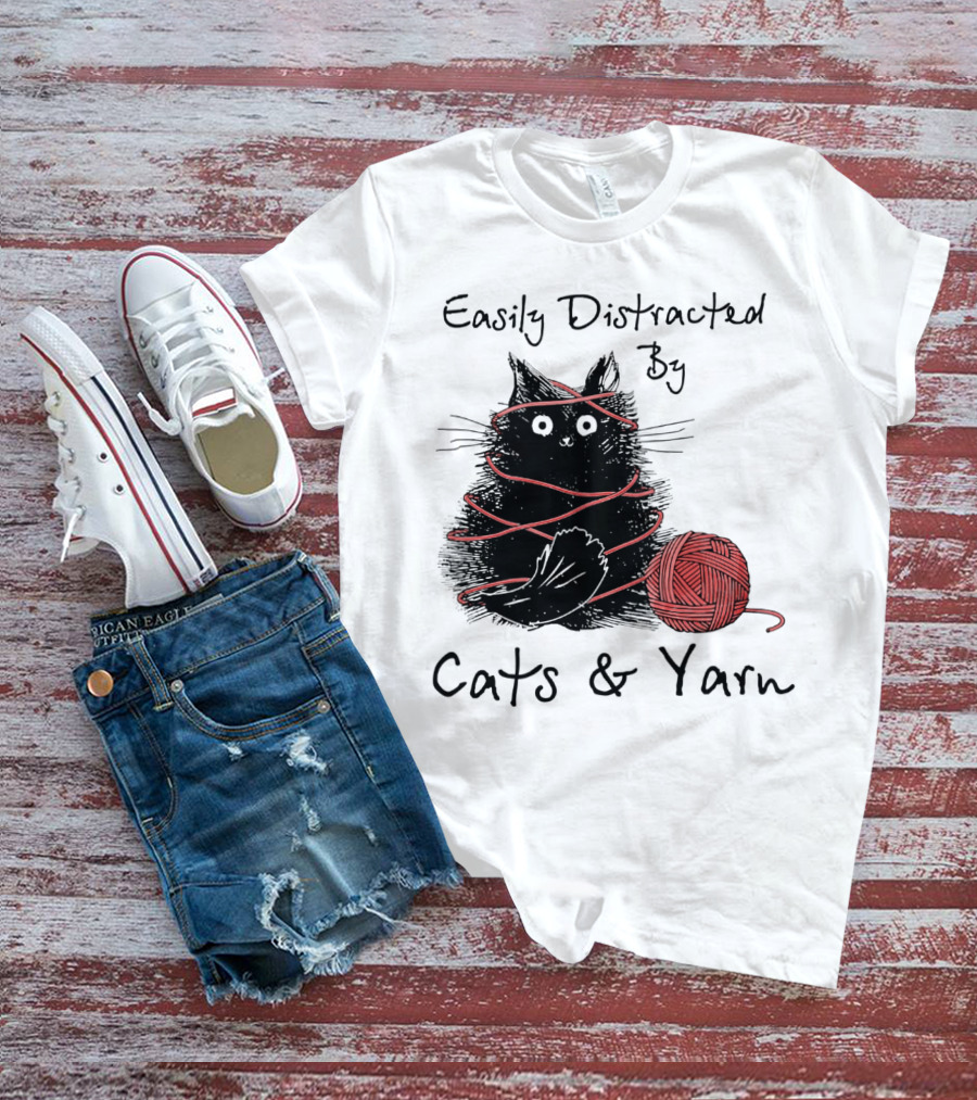Easily Distracted By Cats And Yarn With Playful Cat Wrapped In Red Yarn T-Shirt