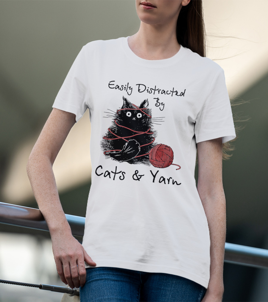 Easily Distracted By Cats And Yarn With Playful Cat Wrapped In Red Yarn T-Shirt