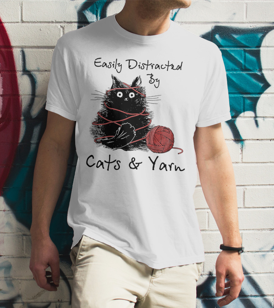Easily Distracted By Cats And Yarn With Playful Cat Wrapped In Red Yarn T-Shirt
