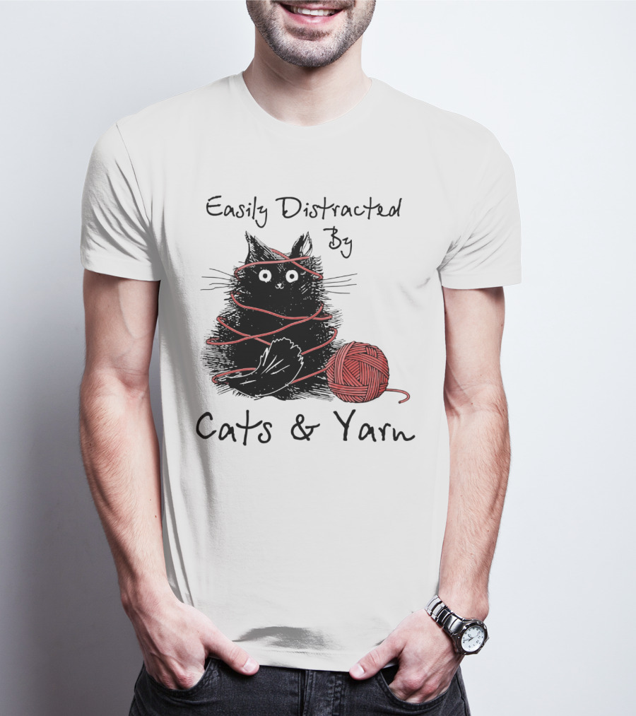 Easily Distracted By Cats And Yarn With Playful Cat Wrapped In Red Yarn T-Shirt
