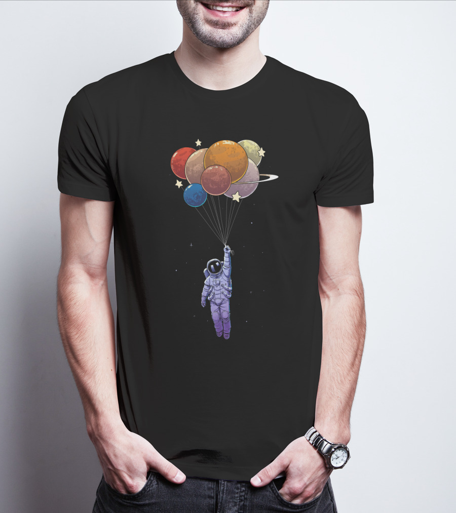 Amstrong Astronaut With Planet Balloons Floating In Space T-Shirt