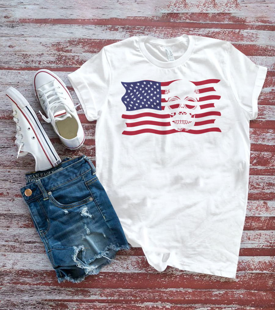 Hold The Line Thin Blue Line Skull USA Flag T-Shirt