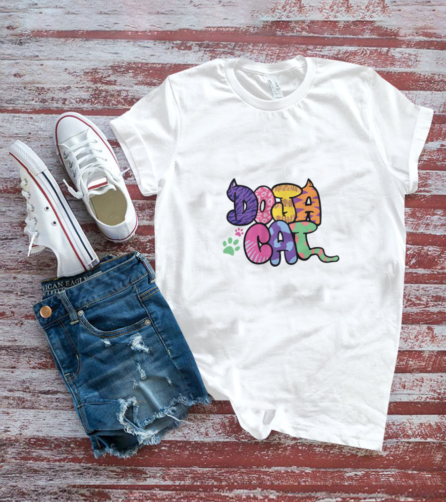 Doja Cat Colorful Patterned Text With Cat Ears And Paw Prints T-Shirt