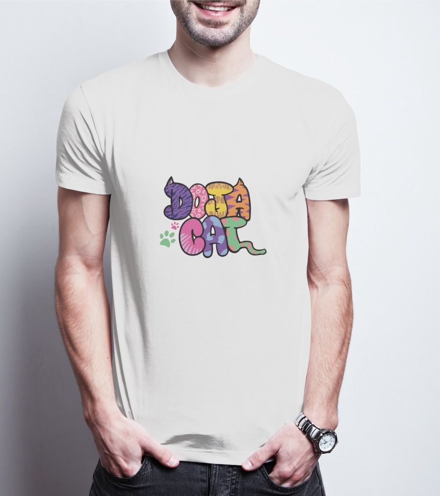 Doja Cat Colorful Patterned Text With Cat Ears And Paw Prints T-Shirt