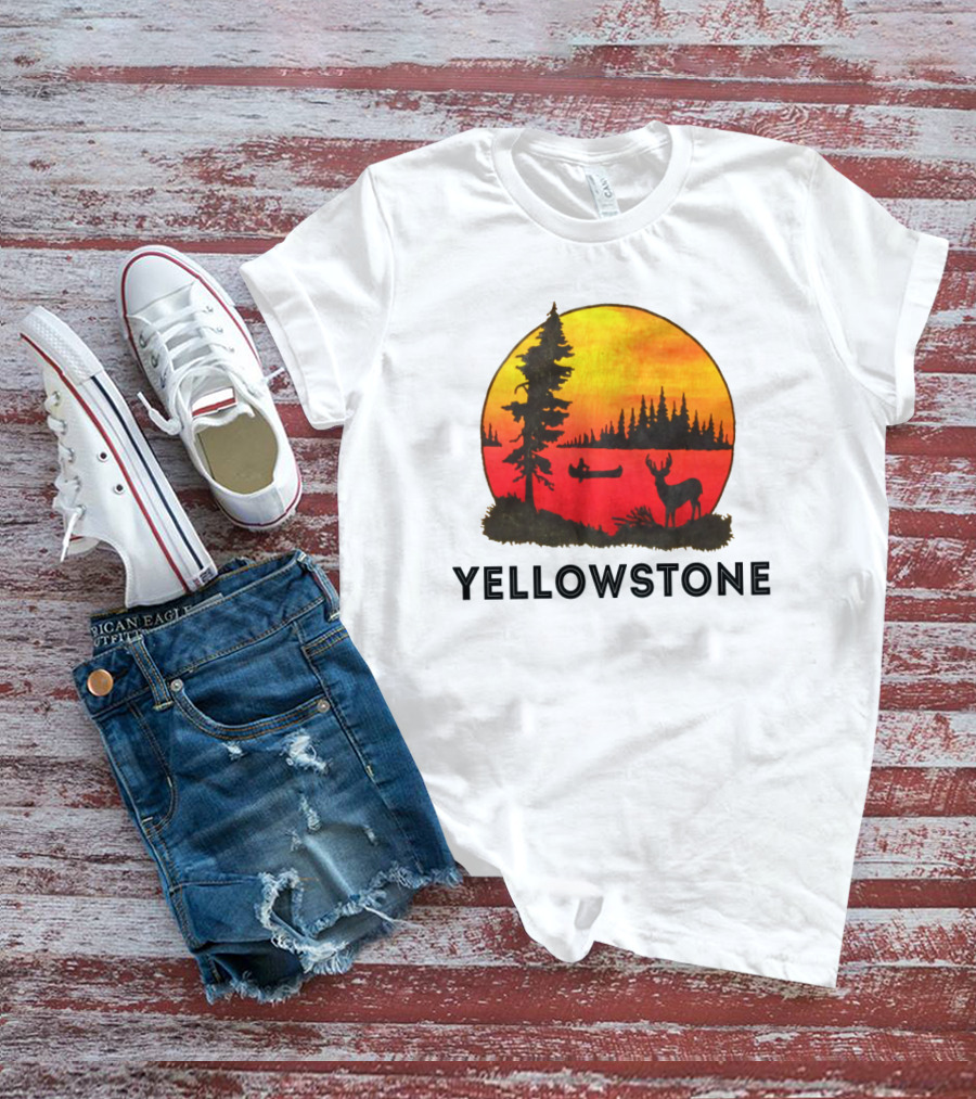 Yellowstone Sunset Scene With Canoe And Deer T-Shirt